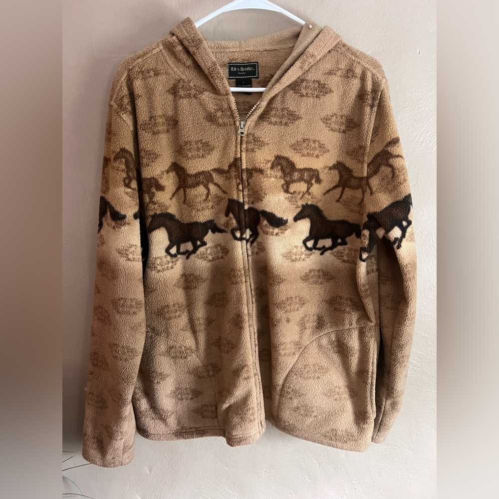 Bit & Bridle Tan and Brown Horse-Print Fleece Zip Hoodie